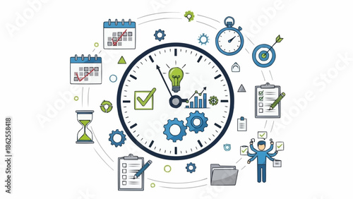Time Management and Productivity Illustration with Clock and Task Icons.