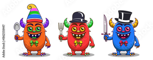 Vector cartoon funny smiling cute horned blue and brown freaks with spoon and fork. Cheerful toon monsters with warts and claws. Set stickers. Isolated white background.