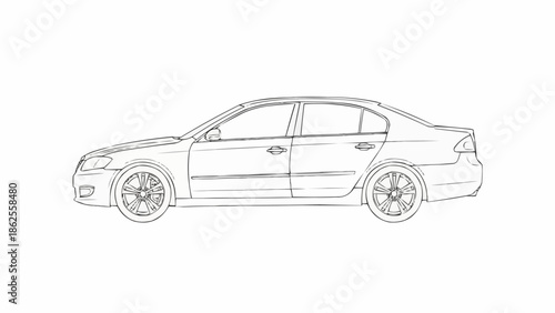 Detailed Line Art Illustration of a Modern Sedan Car.