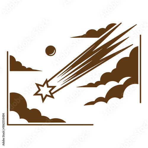 Brown silhouette of a meteor streaking across the sky with clouds and a crescent moon in a framed scene