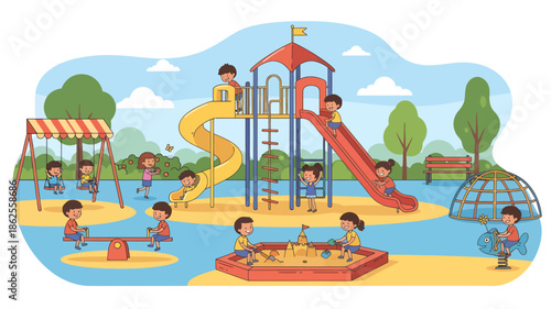 Colorful illustration of children playing on a playground with a sandbox and slide on a sunny day