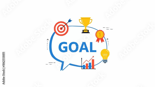 Goal Achievement - Target, Trophy, Medal, Lightbulb, and Growth Chart in Speech Bubble.