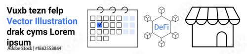 Cryptocurrency, decentralized finance, fintech, e-commerce, digital scheduling, online marketplace. Minimal calendar, DeFi blockchain network storefront icon. Cryptocurrency and decentralized