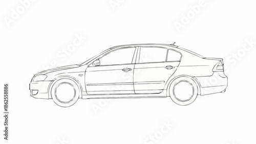 Detailed Line Art Illustration of a Modern Sedan Car.