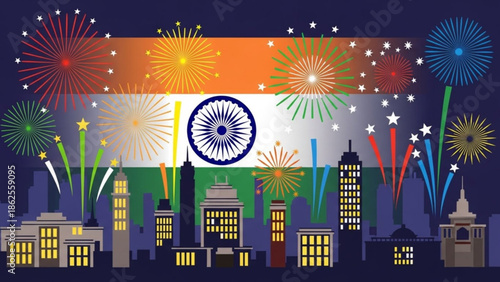 Vibrant indian flag with fireworks exploding over city skyline at night, celebrating republic day or independence day with colorful lights and stars, symbolizing national