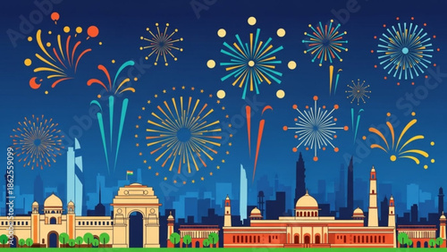 Vibrant fireworks exploding over indian cityscape at night with historic buildings and modern skyline, celebrating a festive occasion with colorful lights and joyful