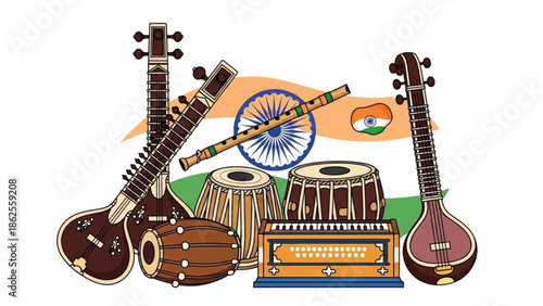 Indian musical instruments and national flag, traditional sitar, tabla, tanpura, harmonium, flute, wheel symbol, india with Indian flag and national symbol