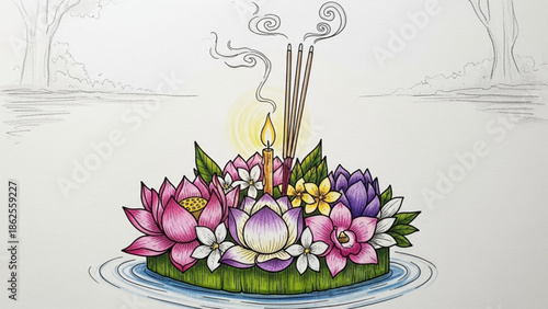 A serene floral arrangement with pink, purple and white flowers, green leaves, a lit candle and incense sticks on a green base floating on water, creating a peaceful
