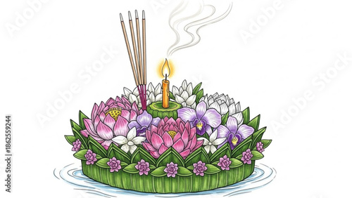 Floating lotus flower arrangement with candle and incense sticks in water serene illustration for cultural celebration with floating flowers