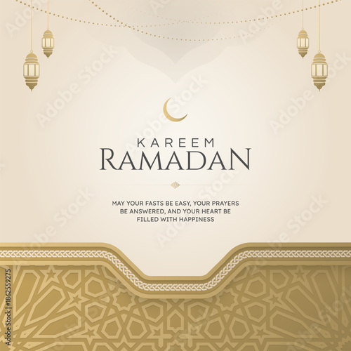 Ramadan Eid Mubarak Greeting Card Background Design Template with Golden Ornaments and Islamic Pattern