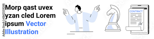 Strategic planning, business decisions, legal agreements, corporate strategy, consulting, negotiation. Person gesturing, chess piece legal contract. Strategic planning and legal agreements concept