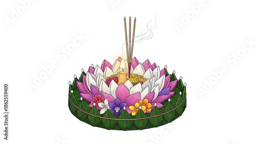 Vibrant floating flower arrangement with incense on green leaves for festive occasions and cultural celebrations with flowers and ornamental