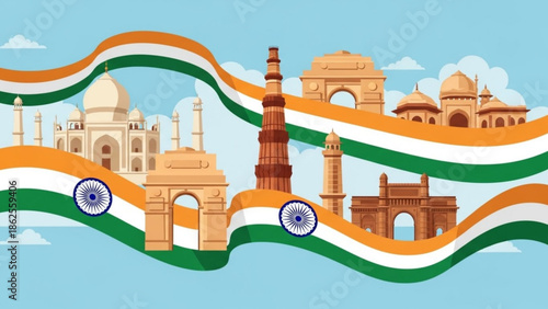 Indian monuments with waving national flag illustration, india heritage symbols, cultural landmarks, patriotism, national pride, historical architecture, india tourism