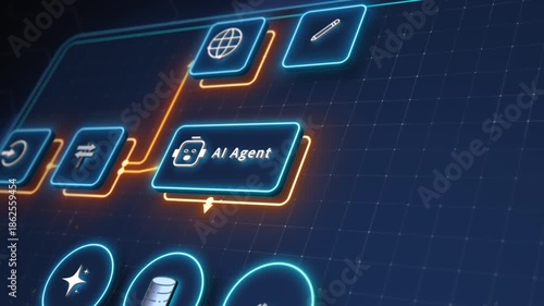 AI agent automation workflow interface with connected nodes on futuristic digital dashboard technology