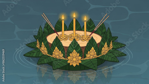 A serene krathong with three lit candles and incense sticks floating on rippling water surrounded by green leaves and gold floral decorations for loy krathong festival
