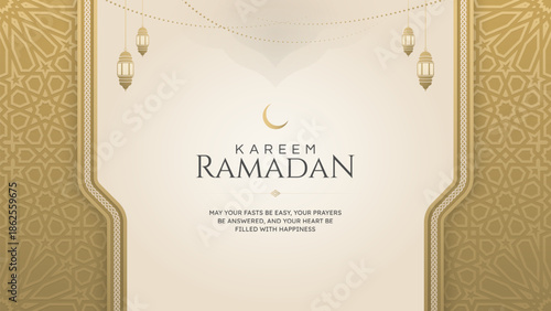 Islamic Arabic Background Design Template with Ramadan Kareem Greeting Copy Space and Ornaments