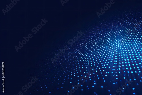 Abstract dark blue background with a luminous digital wave of glowing particles