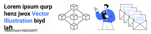 Blockchain, technology, data sharing, professional analysis, networking, digital communication. A network diagram with a person holding a clipboard and email icons. Blockchain and technology concept
