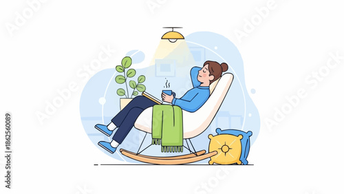 Woman relaxing in a rocking chair with a cup of coffee.