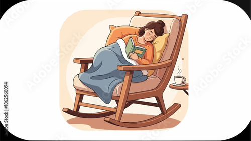 Woman reading book in rocking chair cozy blanket warm drink.