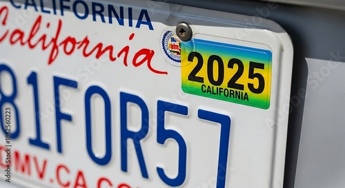 California License Plate with 2025 Registration Sticker Close-Up.