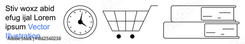 E-commerce, time management, education, learning resources, productivity, retail. Minimalist line art a clock, shopping cart and stacked books. E-commerce and time management