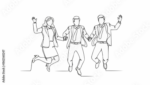 Three business people jumping for joy in a line drawing.