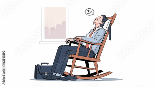 Tired Businessman Sleeping in Rocking Chair with Briefcase.