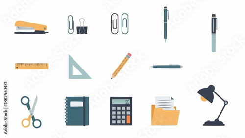 Office Supplies and Stationery Flat Vector Illustration Set.
