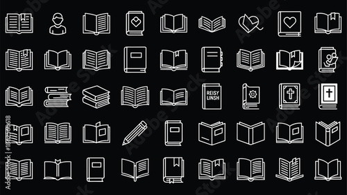 Book icons set, education library symbol collection, literature reading signs, textbook line art, school study elements, academic knowledge vector, black background.