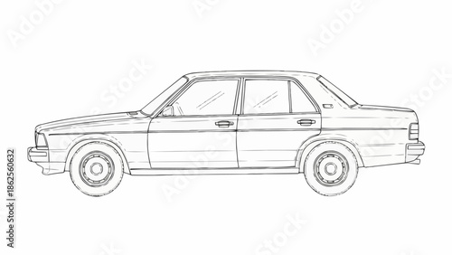 Detailed Line Drawing of a Classic Sedan Car.