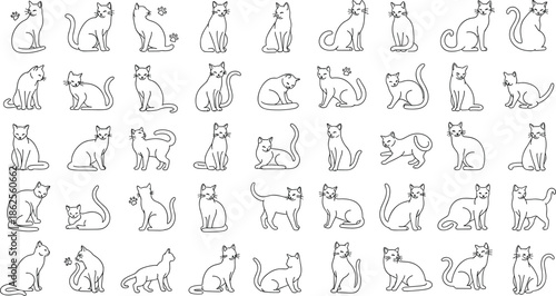 Cat icons set, cute kitten line art collection, domestic feline pets in various poses, animal veterinary symbol, kitty outline vector, white background.