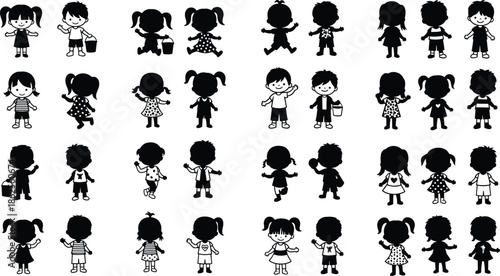 Children silhouettes and cartoon icons set, diverse boys and girls playing, preschool kids character collection, childhood education and parenting concept, vector.