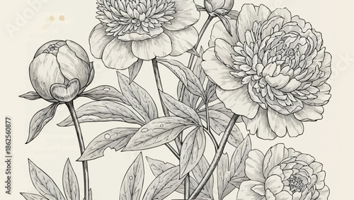 Vintage Botanical Illustration of Peony Flowers and Buds.