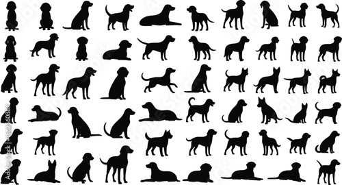 Dog silhouette set, various breeds standing sitting and running, puppy icons collection, pet shop symbol, animal veterinary signs, canine vector.