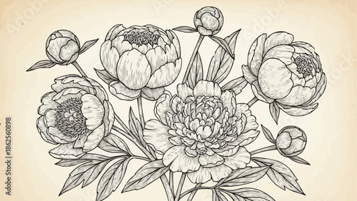 Vintage Botanical Illustration of Peony Flowers and Buds.