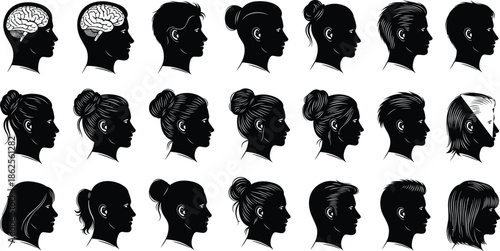Human head profile silhouette set, brain anatomy illustration, diverse hairstyles for men and women, psychology and mental health concept, vector.