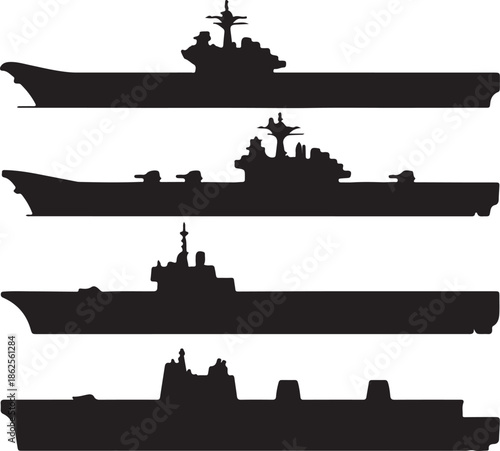 Silhouettes of warships in various configurations on a white background