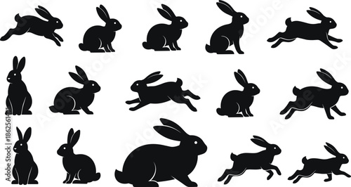 Rabbit silhouettes set, bunny character collection in various poses, jumping sitting and running hares, Easter bunny icons, woodland wildlife animal, vector.