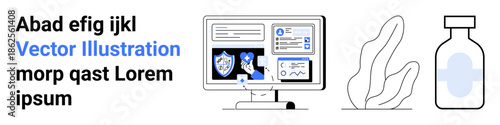 Cybersecurity, digital health, online protection, data analysis, healthcare, medicine. Digital dashboard showing shields and graphs beside abstract plant shapes and a medicine bottle. Cybersecurity