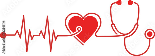 Red heart with stethoscope and heartbeat pulse line, medical healthcare concept, cardiology diagnostic icon, life insurance symbol, clinical checkup illustration.