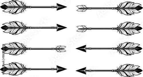 Set of vintage hand drawn arrows with feathers and arrowheads, rustic tribal bohemian style vector illustrations for tattoos and decorative designs