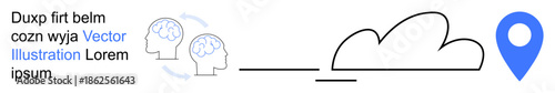 Cloud computing, geolocation, data sharing, brain connectivity, AI concepts, remote technology. Graphic shows two connected brains, a cloud and a location pin. Cloud computing and geolocation