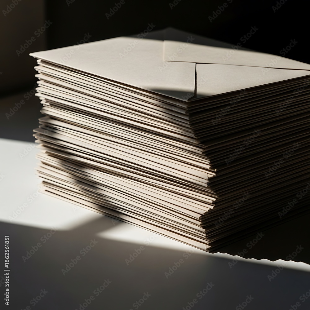 Naklejka premium Stack of beige envelopes casting shadows with minimalist composition