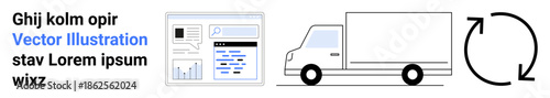 Logistics, transportation, data visualization, delivery services, supply chain, process flow. Graphical report, truck and circular arrow movement. Transportation and data visualization concept