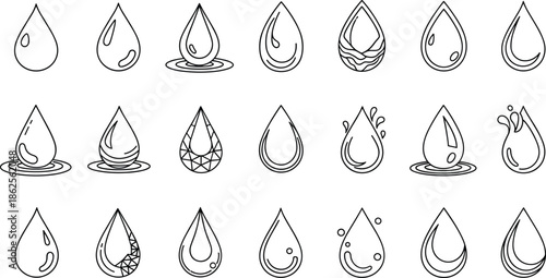Water drop icon set, liquid droplet line art collection, oil and rain falling symbols, clean aqua moisture signs, simple vector.