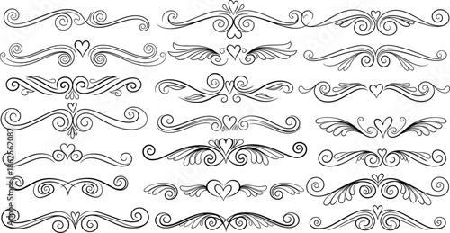 Vintage decorative dividers set, ornamental flourish calligraphy borders, elegant swirl scroll elements, wedding invitation heart filigree collection, vector line art.