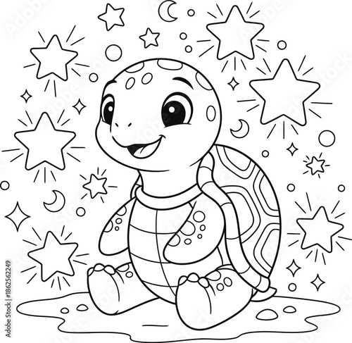 Cute Baby Turtle Sitting Under Sparkling Stars, Black and White Line Art Illustration for Kids Coloring Book, Adorable Smiling Tortoise with Moon and Stars
