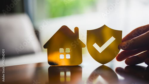 Bild auf Leinwand Home insurance and property protection concept with house icon and shield with check mark