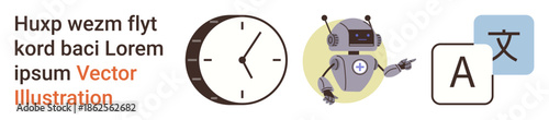 AI, language translation, automation, time management, robotics, productivity. A clock, a robot with controls and language icons. AI and language translation conceptual elements